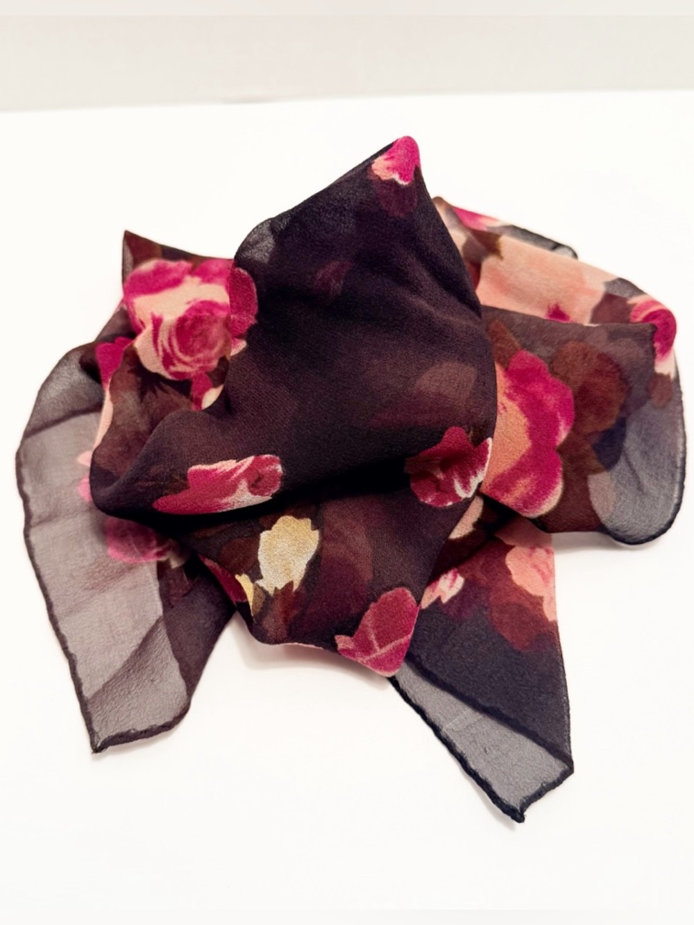Anne Klein Black 100% Silk Floral Scarf with Pink & Peach Accents